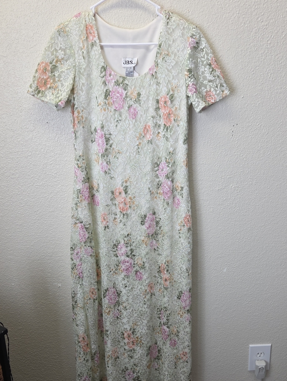 J.B.S. Mint Lace Maxi Dress with Pink & Peach Floral Accents